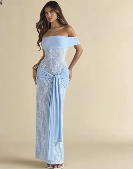 Vestido Largo Encaje Azul Cielo- Elegancia Sotisficada