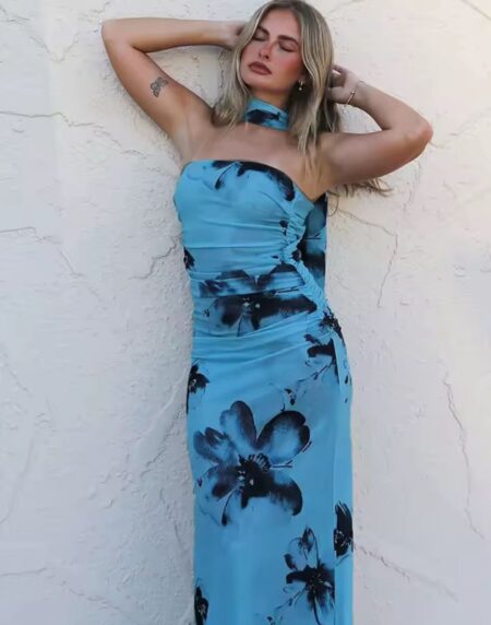 VESTIO LARGO STRAPLESS- AZUL CON FLORES