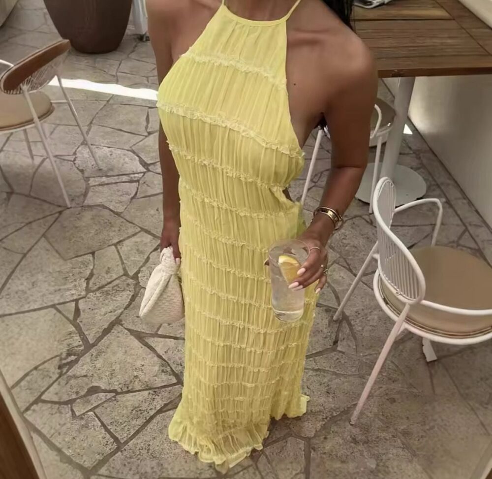 VESTIDO LARGO CORRUGADO AMARILLO