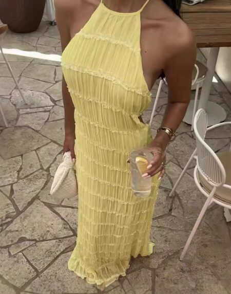 VESTIDO LARGO CORRUGADO AMARILLO