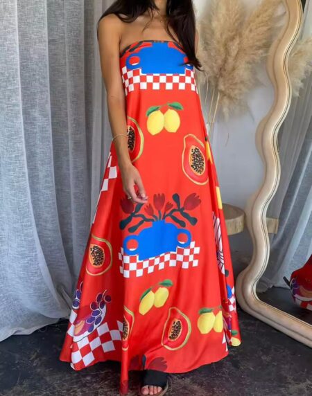 VESTIDO LARGO STRAPLESS TROPICAL